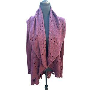 Alpaca Connection Knitted Crochet Burgundy Open Front Cardigan Sweater Eyelet L